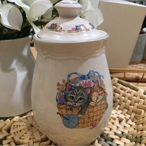 TIENSHAN stoneware kittens in a basket jar canister sugar  purrfect friends